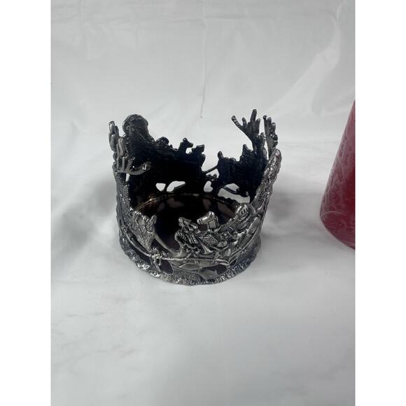 Pewter Santa Reindeer Sleigh Christmas Candle Holder Round Metal 3" Diameter - Picture 3 of 5